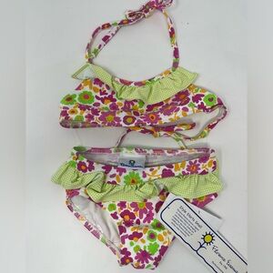 FLORENCE EISEMAN: Floral Bikini with Checkered Ruffle, Size: 24 Months. NEW